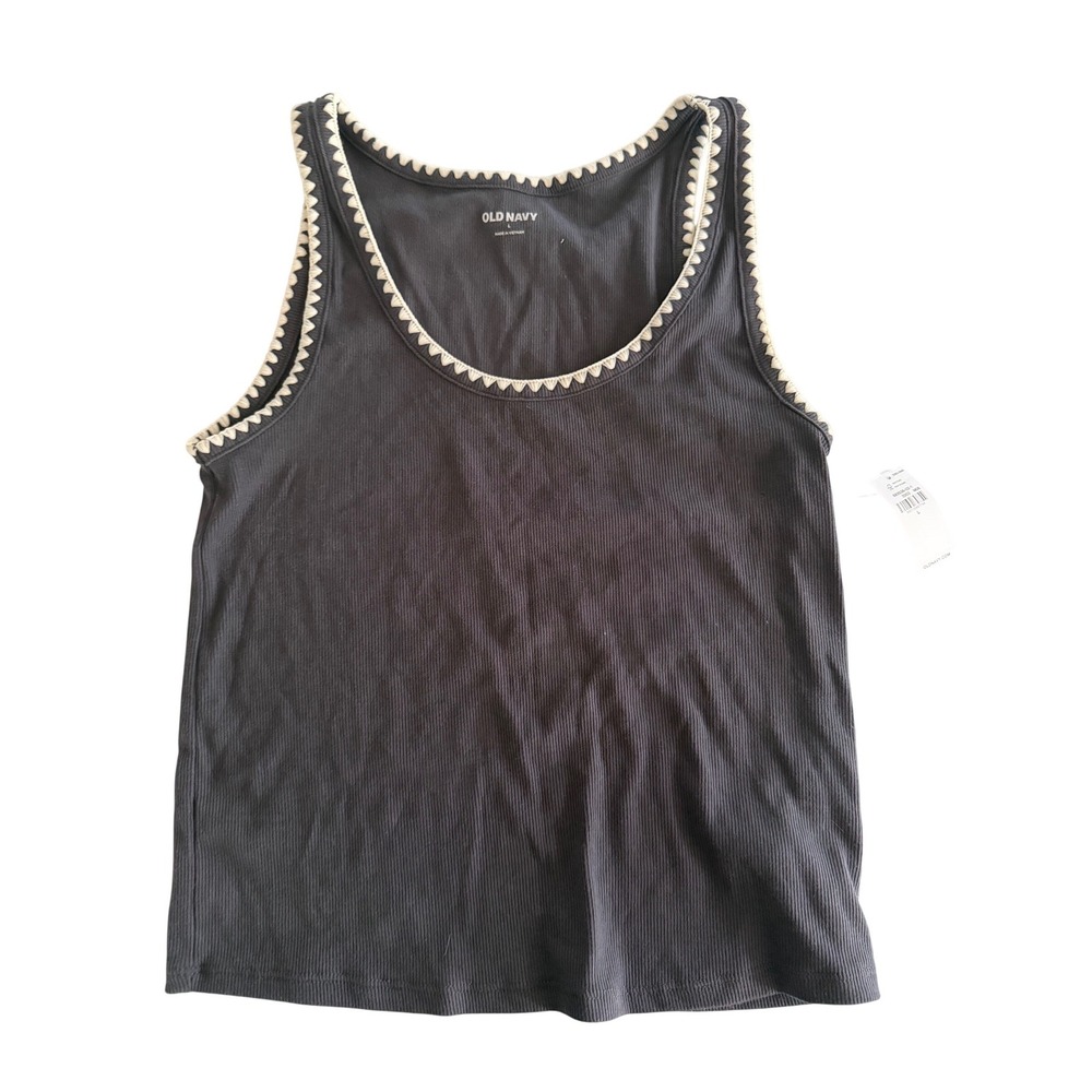 Old Navy Womens Ribbed Tank Top Charcoal Gray‎ Crochet Trim Scoop Neck Large NWT